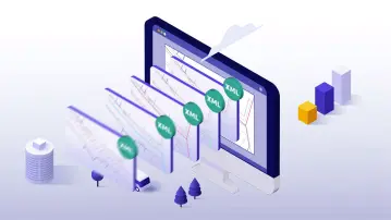 Illustration d'un écran d'ordinateur affichant des fichiers XML dans une séquence, avec de petits arbres, des bâtiments et des blocs symbolisant le traitement et l'organisation des données.