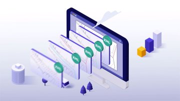 Illustration d'un écran d'ordinateur affichant des fichiers XML dans une séquence, avec de petits arbres, des bâtiments et des blocs symbolisant le traitement et l'organisation des données.